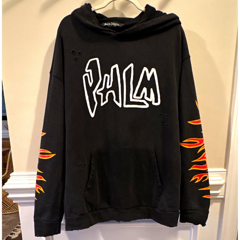 Palm Angels Black Flame Graphic Logo Pullover Hoodie w/ Pocket Men's XL